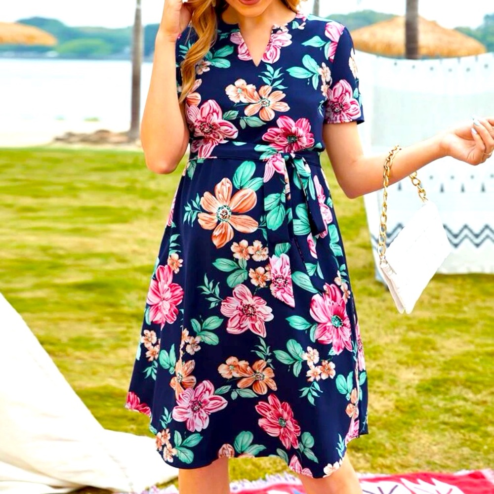 SHEIN Maternity Allover Floral Print Belted Dress